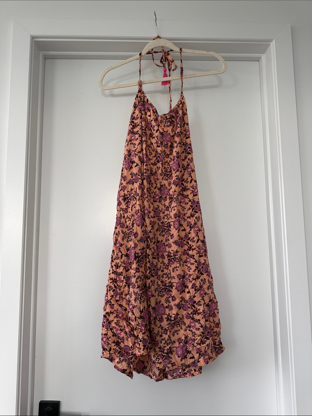 Backless Floral Halter Dress in Peach with Pink Accents